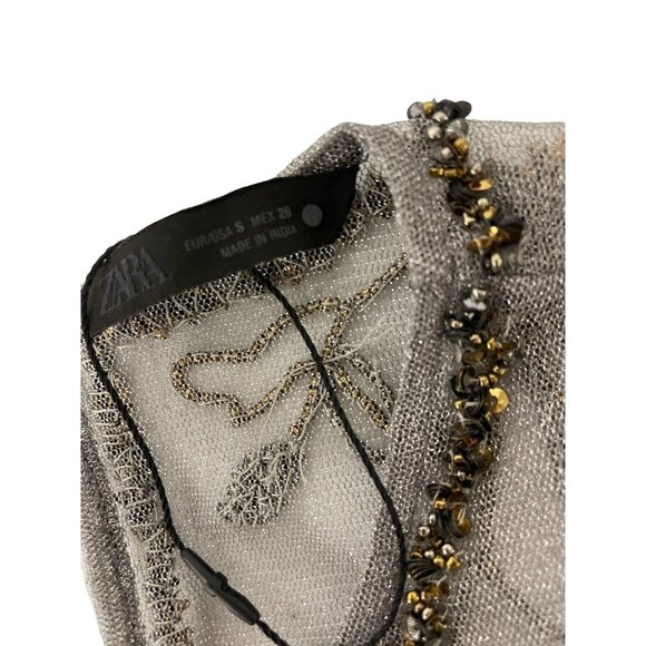 Zara Women Bodysuit Small S Gray Beaded Floral Embellished sheer 7521/200 NWOT - Picture 4 of 12